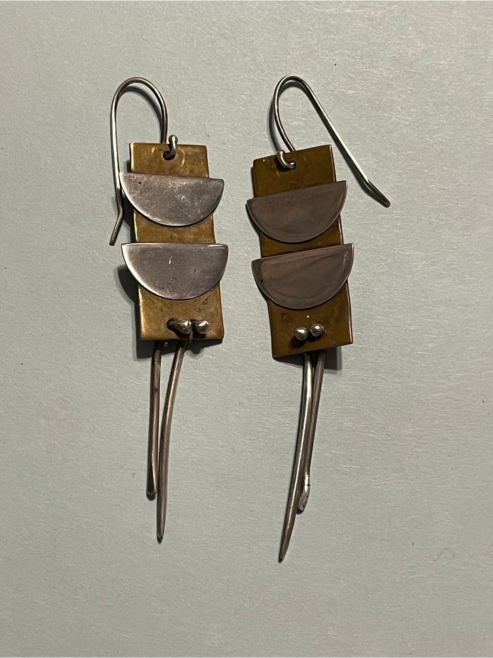 Vintage Modernist Sterling Silver & Brass Pierced Earrings #7223